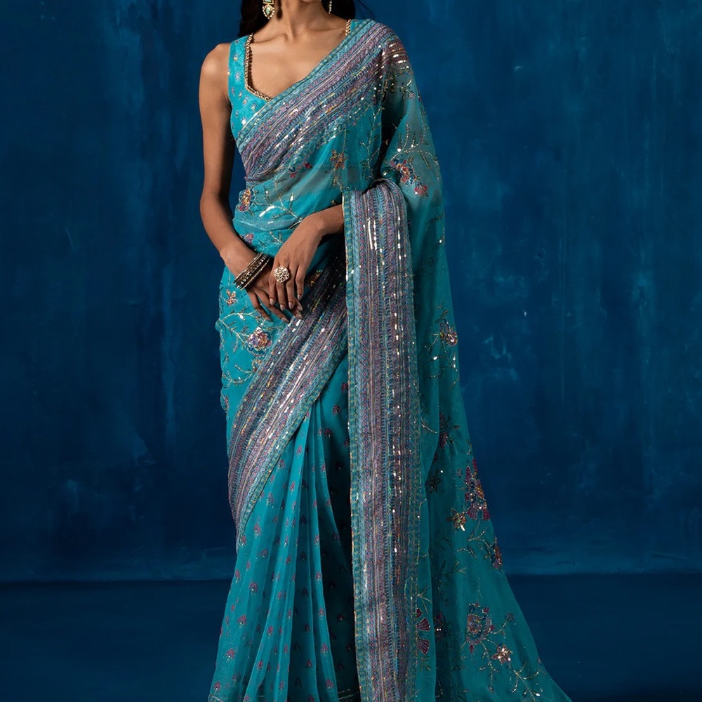 Lashkaraa Saree | Sea Green Multicolor Embroidered Chiffon Saree